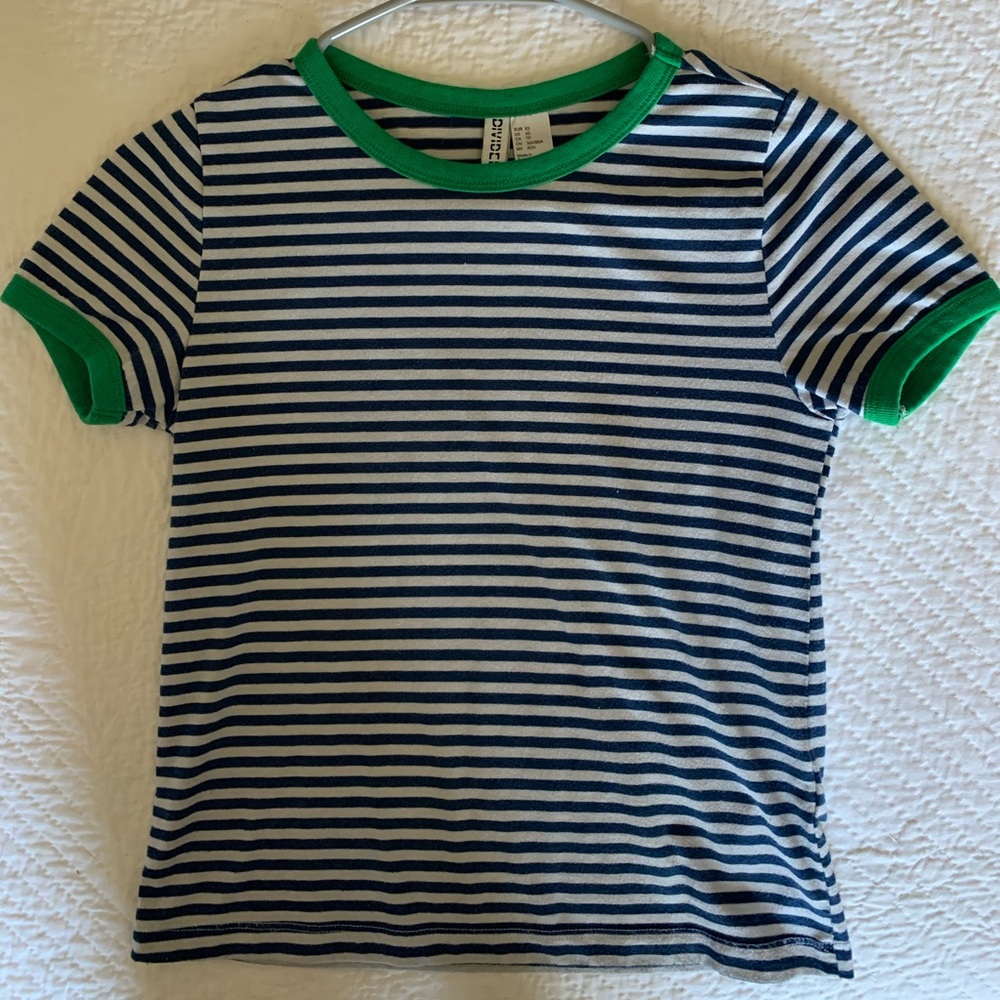 Blue, white, and green stripped tee shirt